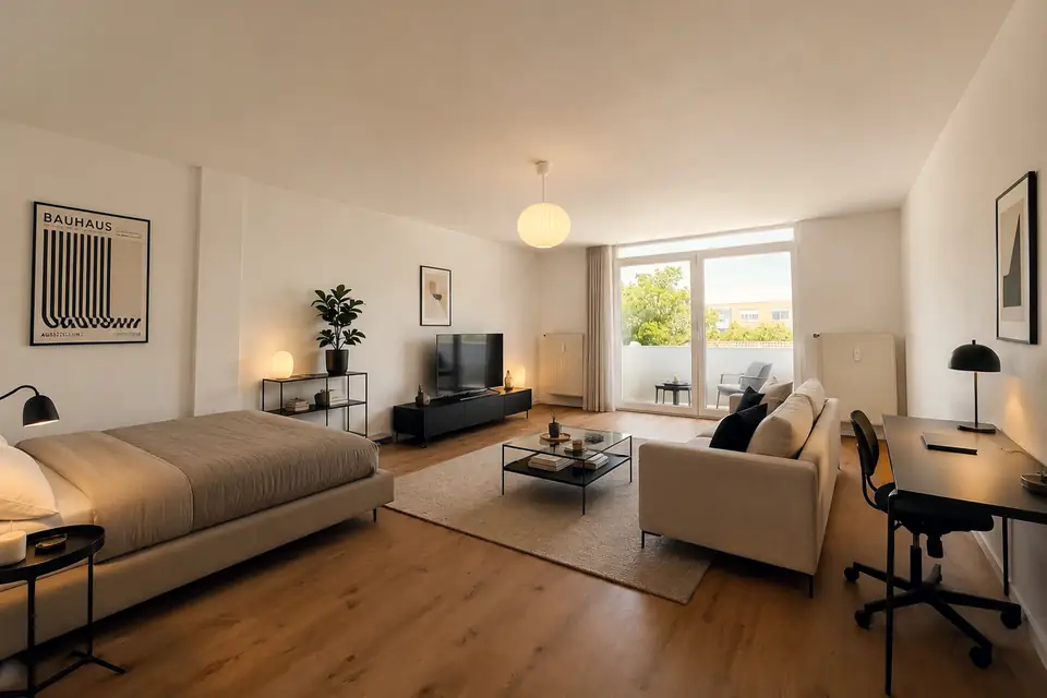 Möblierte Ein-Zimmer-Wohnung mit Bett, Sofa, Schreibtisch und bodentiefer Fenstertür zum Balkon